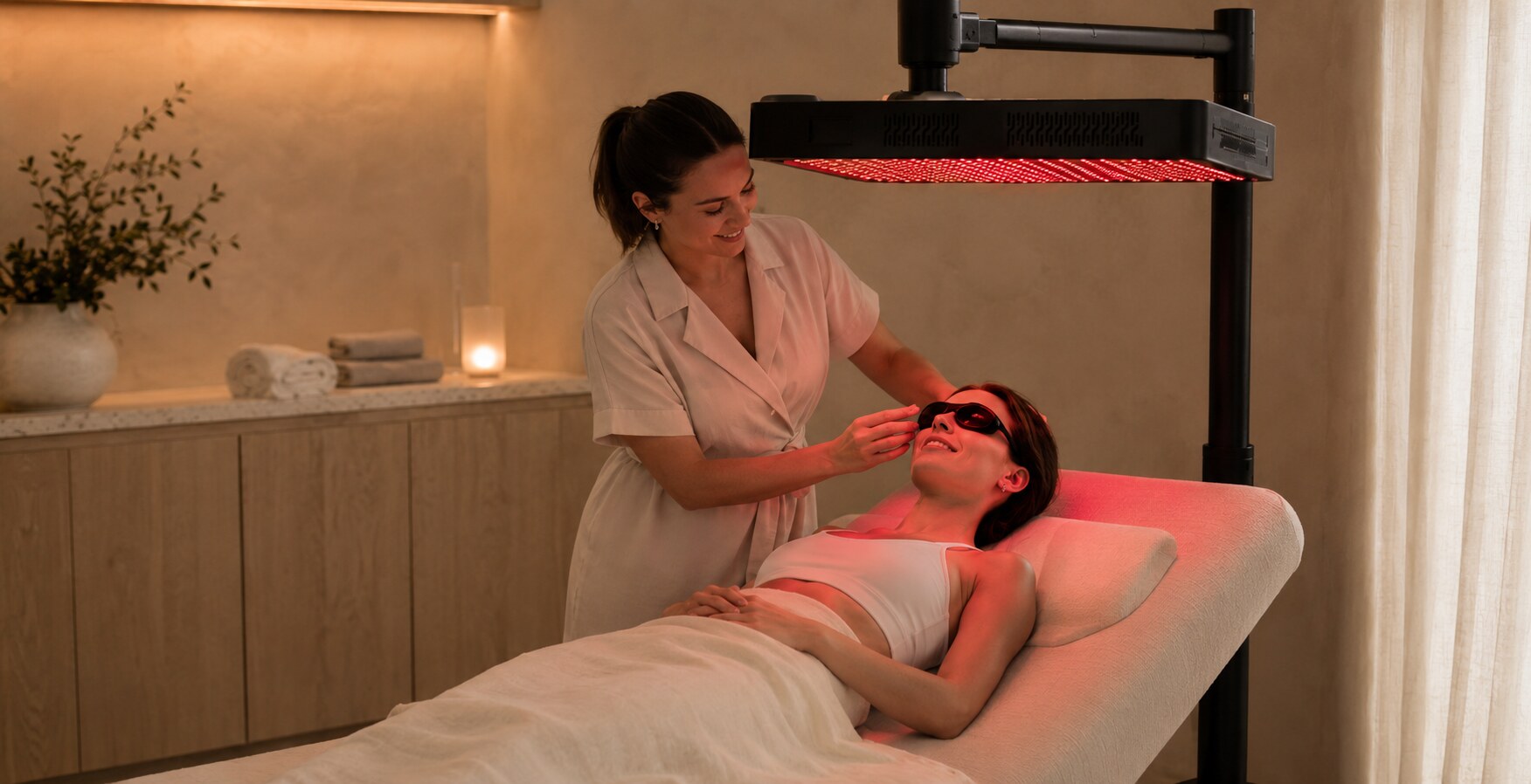 A practitioner calmly guiding a client through a Neuro-100S light therapy session