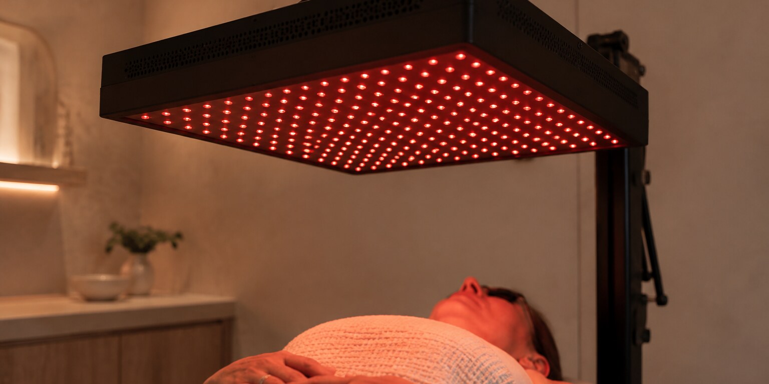 The Neuro-100S red-light panel viewed from a low equipment-focused angle above a reclining client