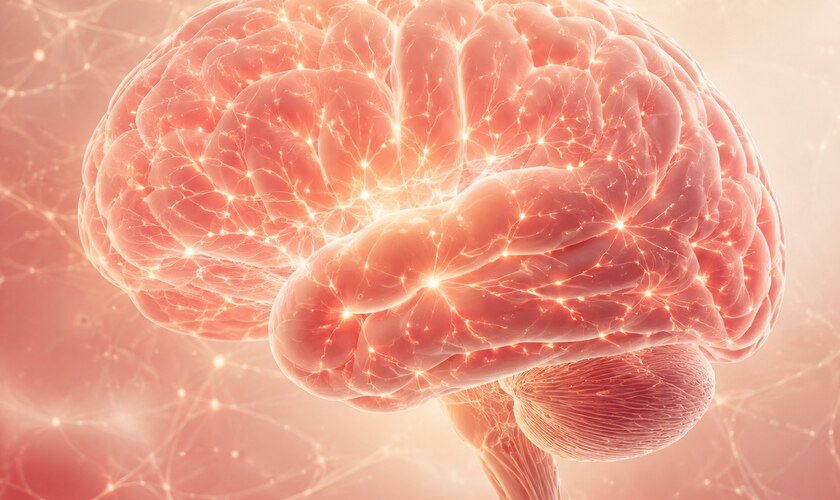 A glowing brain and neural connections representing neurological support
