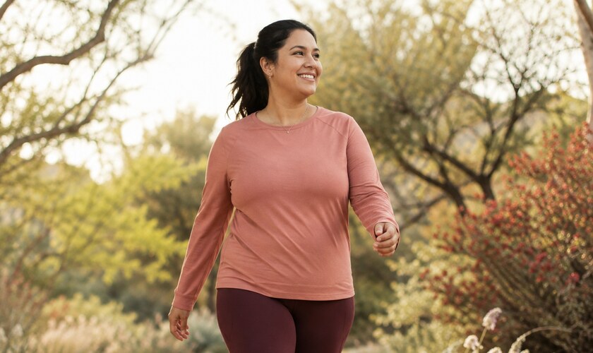 A woman walking outdoors as part of a healthy movement routine